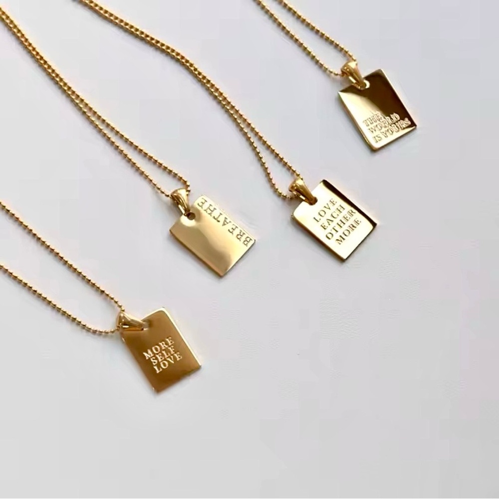 New 18k Gold Steel "Breathe" Tag Statement Square Pendant Necklace - Picture 5 of 5